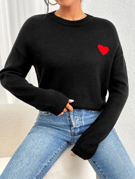 Heart Round Neck Long Sleeve Sweater | Hanalas