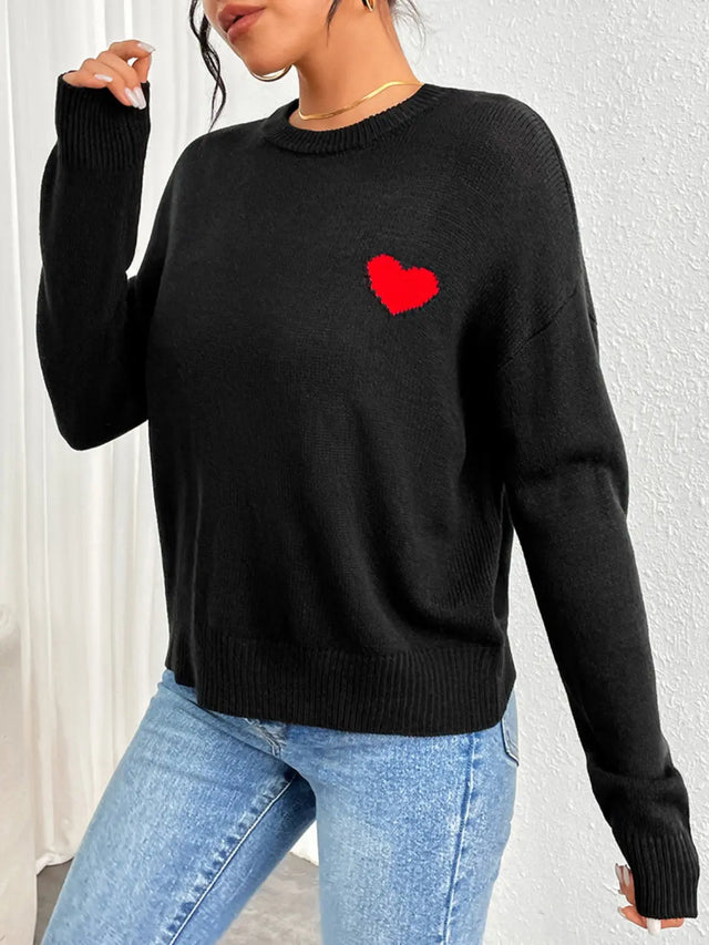 Heart Round Neck Long Sleeve Sweater | Hanalas