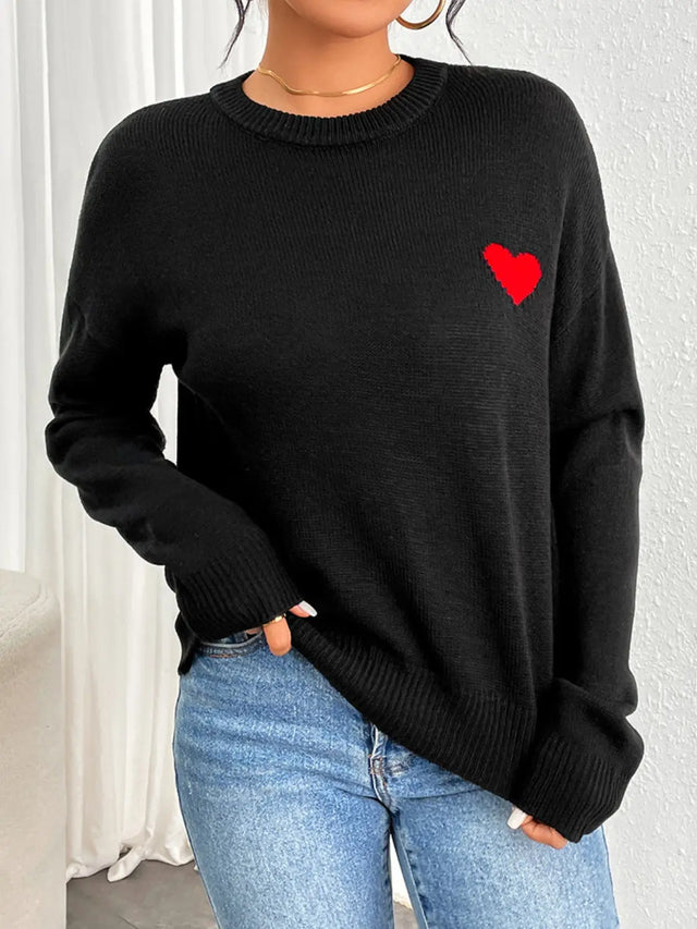 Heart Round Neck Long Sleeve Sweater | Hanalas