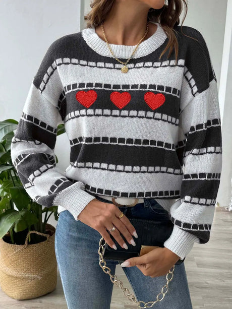 Heart Round Neck Long Sleeve Sweater Trendsi Hanalas