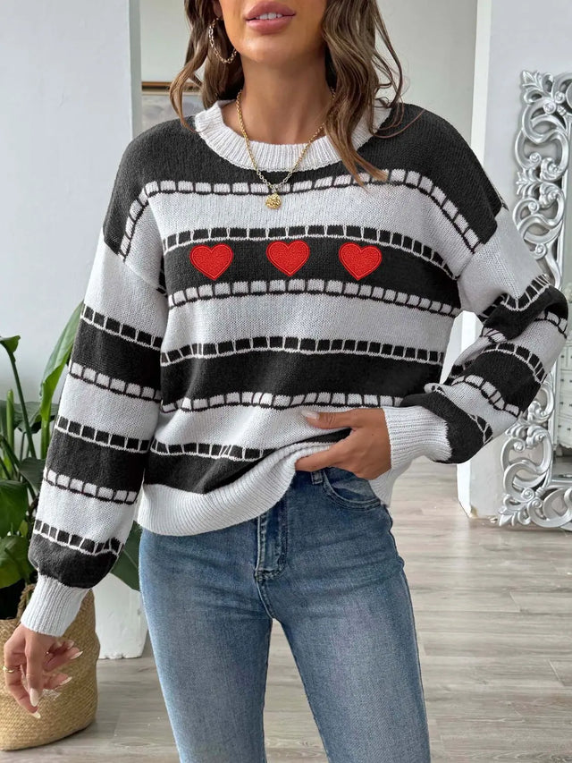 Heart Round Neck Long Sleeve Sweater Trendsi Hanalas