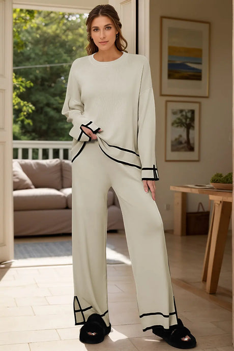 High-Low Round Neck Top and Pants Sweater Set | Hanalas