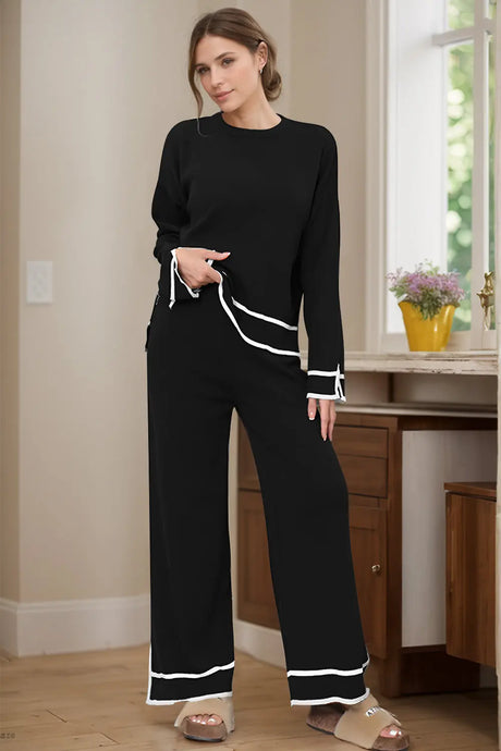 High-Low Round Neck Top and Pants Sweater Set | Hanalas