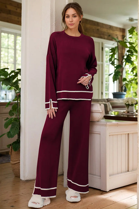 High-Low Round Neck Top and Pants Sweater Set | Hanalas