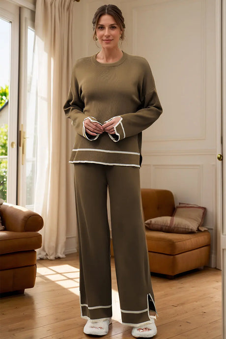 High-Low Round Neck Top and Pants Sweater Set | Hanalas