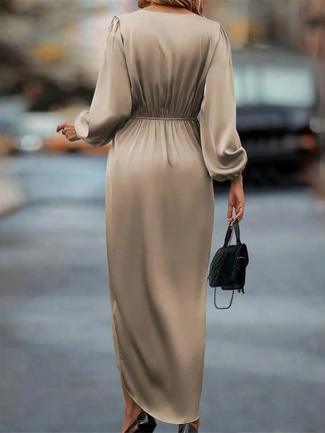 High-Low Surplice Balloon Sleeve Midi Dress | Hanalas