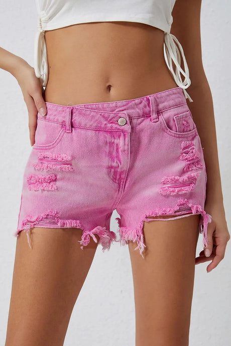 High Rise Crossover Waist Denim Shorts | Hanalas
