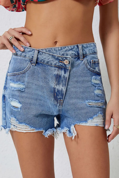 High Rise Crossover Waist Denim Shorts | Hanalas