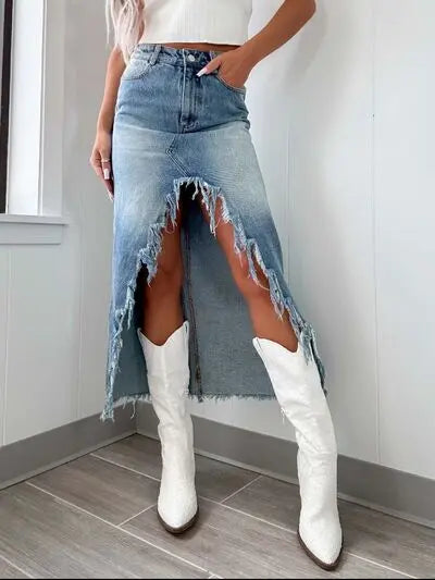 High-Waist Raw Hem Asymmetry Denim Skirt | Hanalas