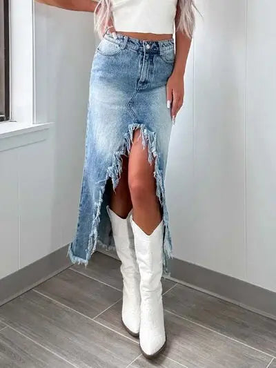 High-Waist Raw Hem Asymmetry Denim Skirt | Hanalas