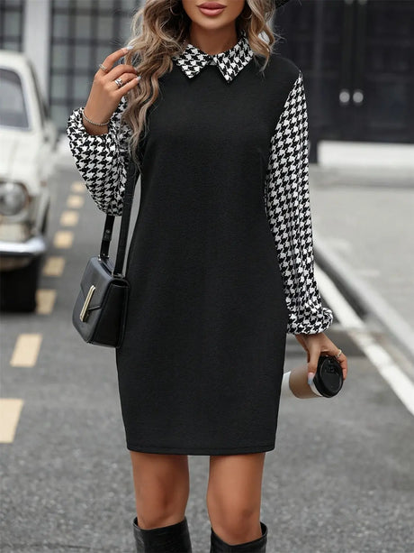 Houndstooth Collared Neck Long Sleeve Mini Dress | Hanalas