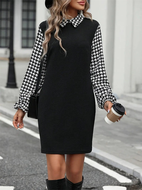 Houndstooth Collared Neck Long Sleeve Mini Dress | Hanalas
