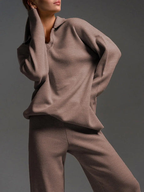 Johnny Collar Long Sleeve Top and Pants Sweater Set | Hanalas