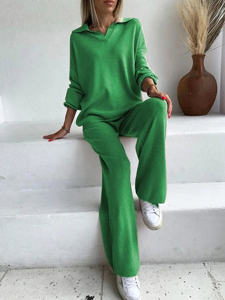 Johnny Collar Long Sleeve Top and Pants Sweater Set | Hanalas