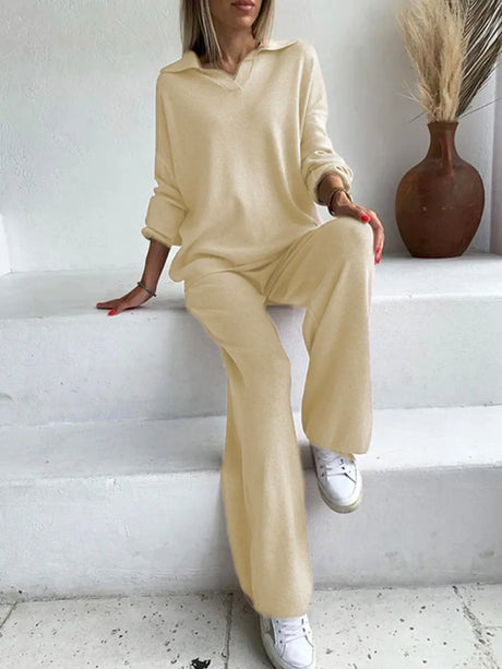 Johnny Collar Long Sleeve Top and Pants Sweater Set | Hanalas