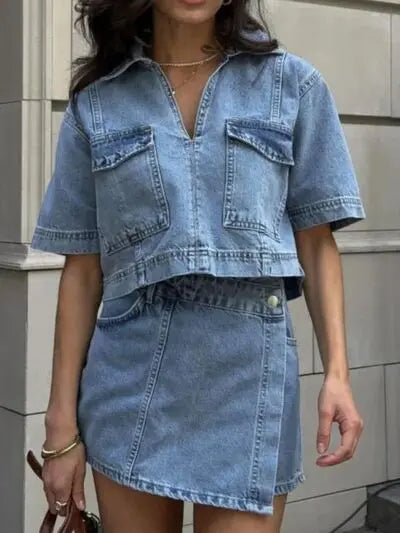 Johnny Collar Short Sleeve Top and Skort Denim Set | Hanalas