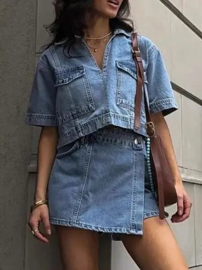 Johnny Collar Short Sleeve Top and Skort Denim Set | Hanalas