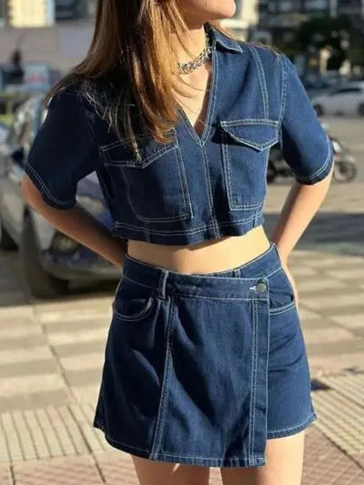 Johnny Collar Short Sleeve Top and Skort Denim Set | Hanalas