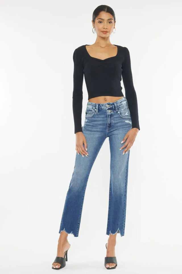 Kancan High Rise Wide Waistband Slim Straight Jeans Trendsi Hanalas