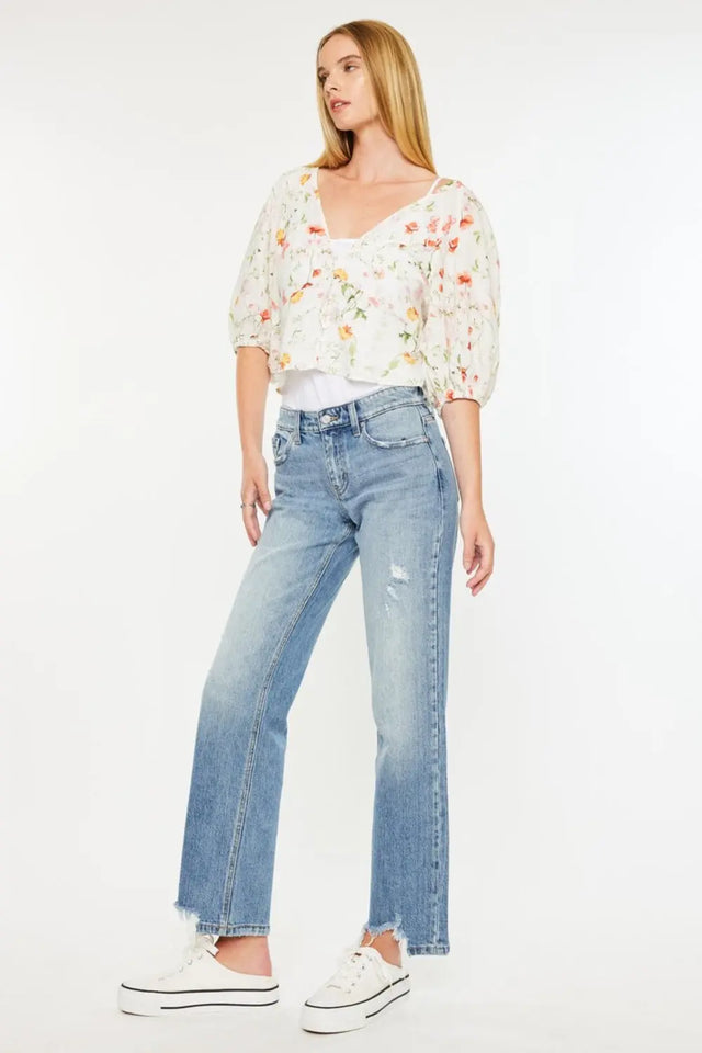 Kancan Mid Rise Frayed Hem Straight Jeans Trendsi Hanalas