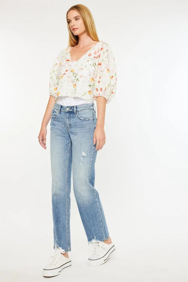 Kancan Mid Rise Frayed Hem Straight Jeans Trendsi Hanalas