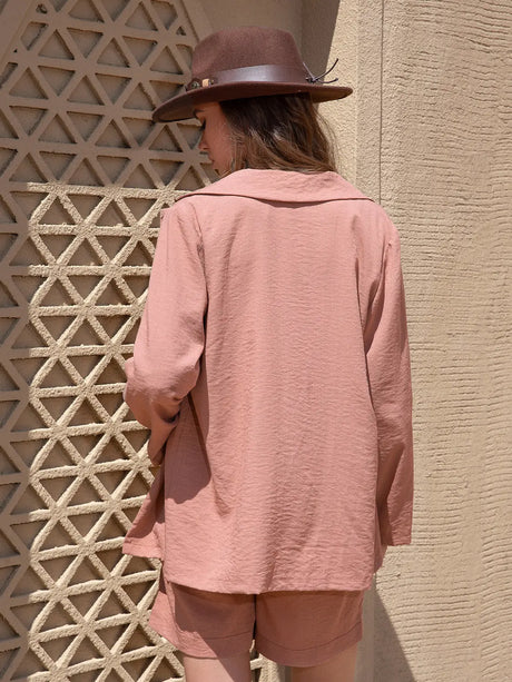 Lace Detail Collared Neck Long Sleeve Top and Shorts Set | Hanalas