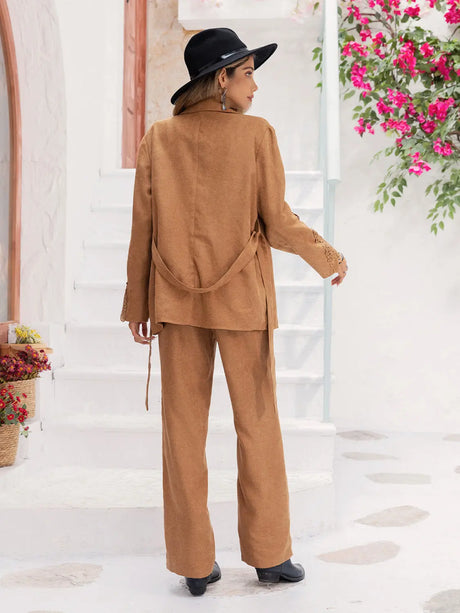 Lace Detail Collared Neck Top and Pants Set | Hanalas