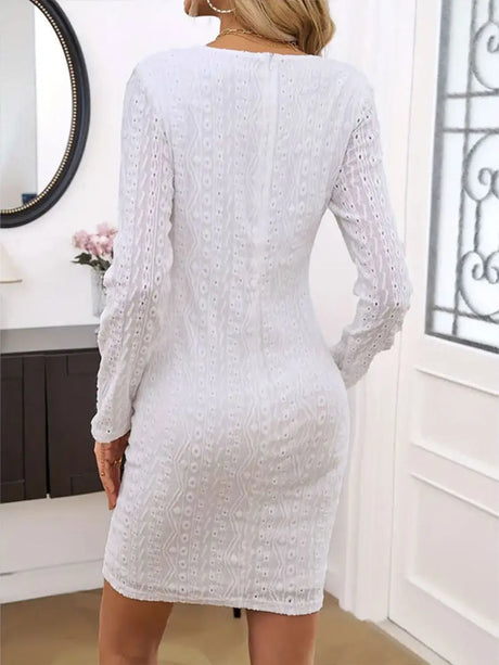 Lace Detail Round Neck Long Sleeve Mini Dress | Hanalas