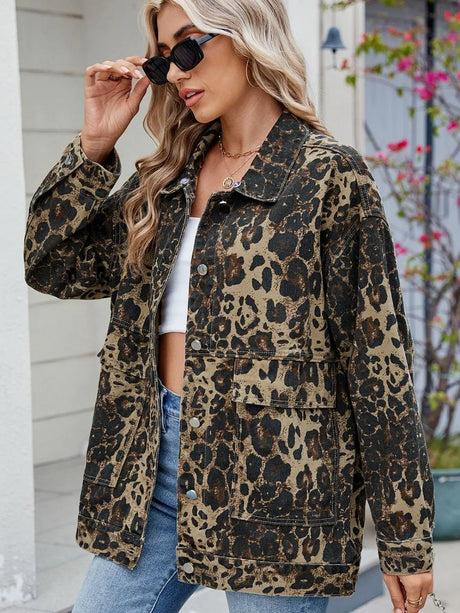 Leopard Button Up Drop Shoulder Denim Jacket | Hanalas