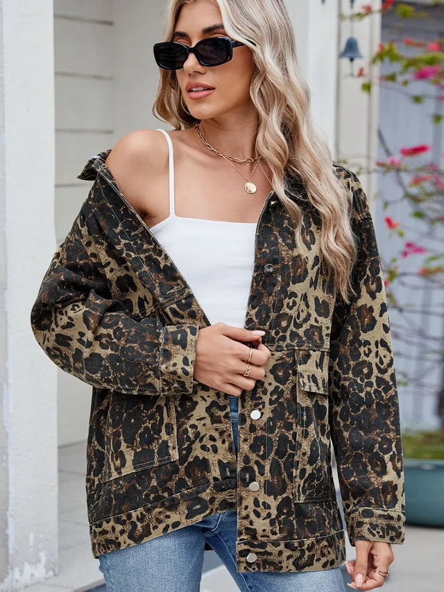 Leopard Button Up Drop Shoulder Denim Jacket | Hanalas