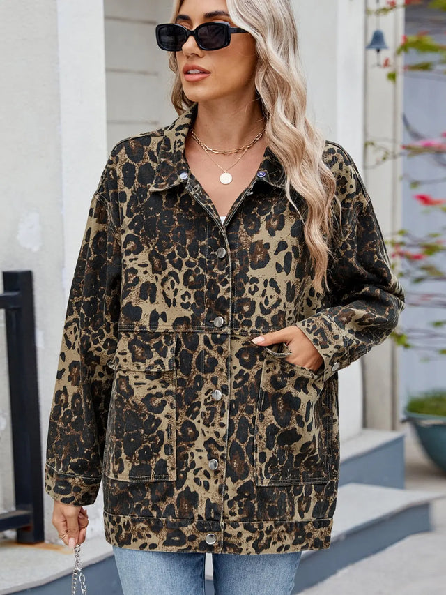 Leopard Button Up Drop Shoulder Denim Jacket | Hanalas