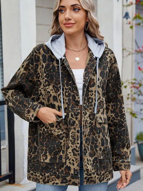 Leopard Button Up Drop Shoulder Denim Jacket | Hanalas