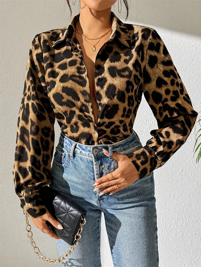 Leopard Collared Neck Long Sleeve Shirt Trendsi Hanalas