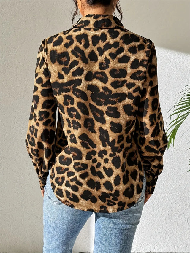 Leopard Collared Neck Long Sleeve Shirt Trendsi Hanalas