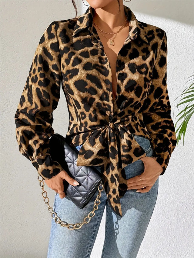 Leopard Collared Neck Long Sleeve Shirt Trendsi Hanalas