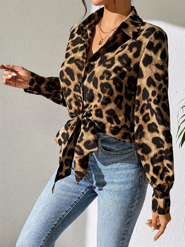 Leopard Collared Neck Long Sleeve Shirt Trendsi Hanalas