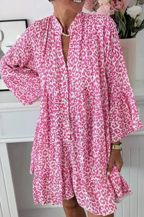 Leopard Notched Long Sleeve Shirt Dress | Hanalas