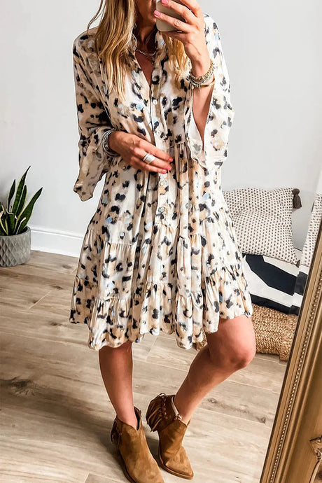 Leopard Notched Long Sleeve Tiered Dress | Hanalas