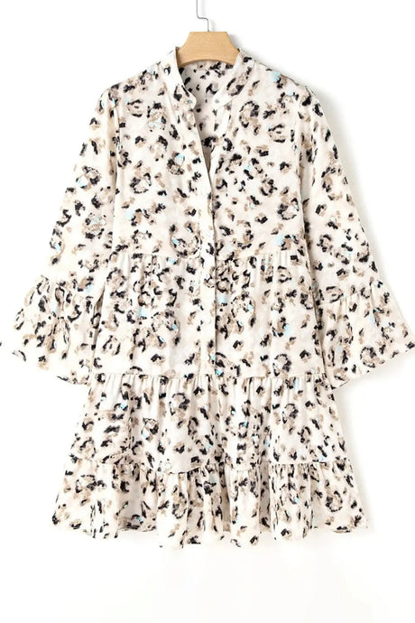 Leopard Notched Long Sleeve Tiered Dress | Hanalas