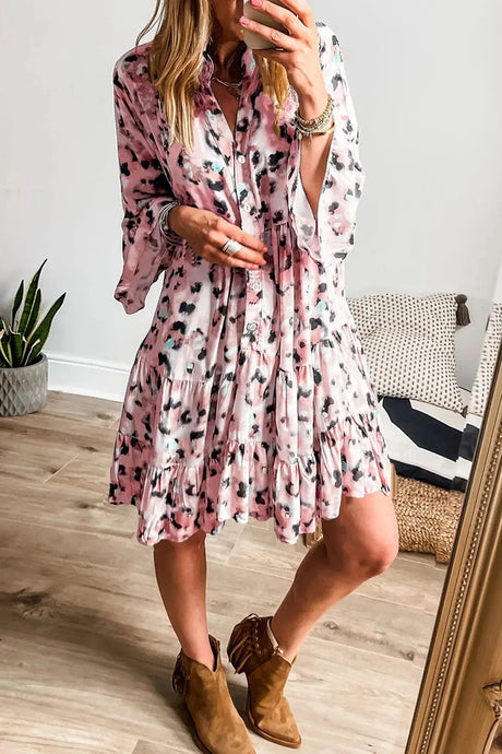 Leopard Notched Long Sleeve Tiered Dress | Hanalas