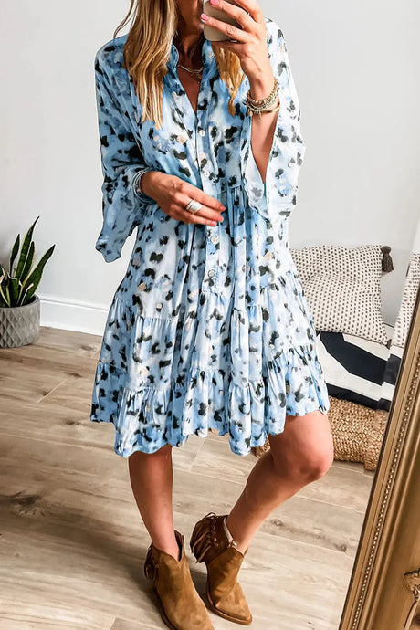 Leopard Notched Long Sleeve Tiered Dress | Hanalas