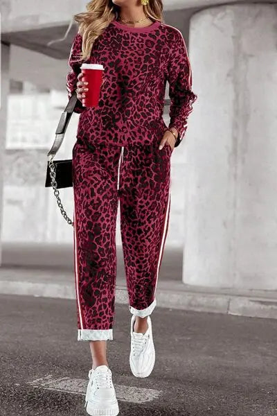 Leopard Round Neck Long Sleeve Top and Pants Set | Hanalas