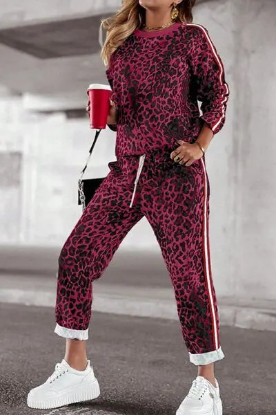 Leopard Round Neck Long Sleeve Top and Pants Set | Hanalas