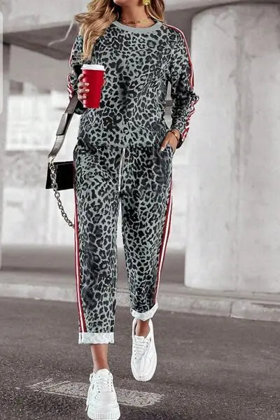 Leopard Round Neck Long Sleeve Top and Pants Set | Hanalas
