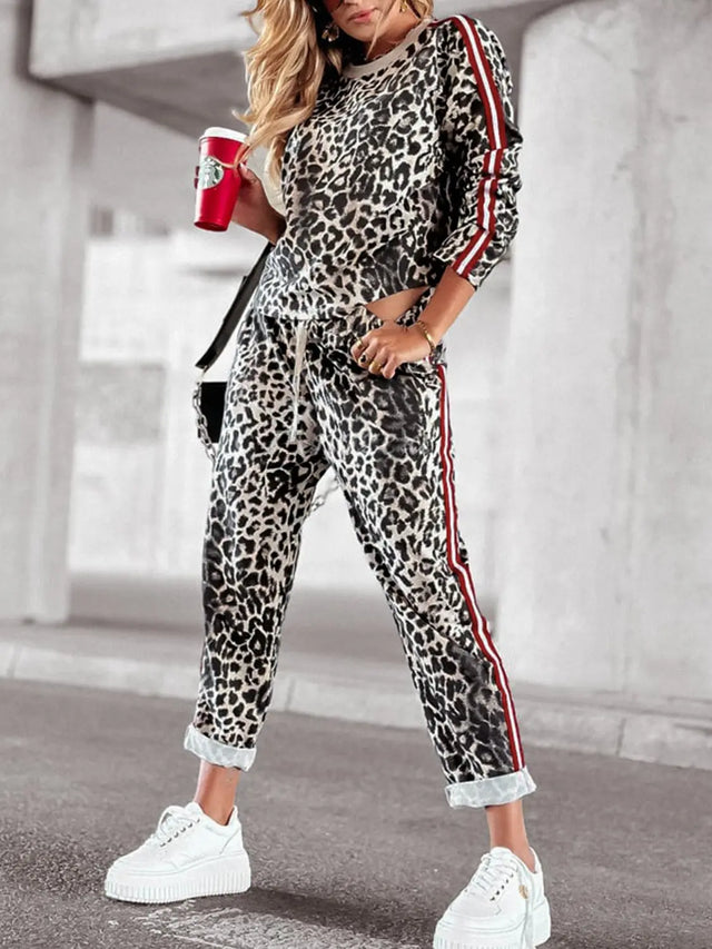 Leopard Round Neck Long Sleeve Top and Pants Set Trendsi Hanalas