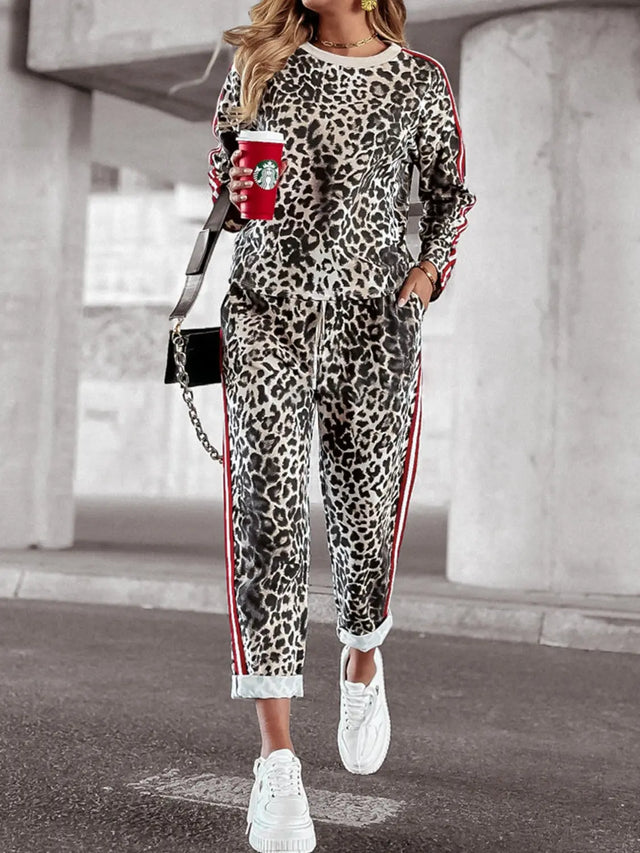 Leopard Round Neck Long Sleeve Top and Pants Set Trendsi Hanalas