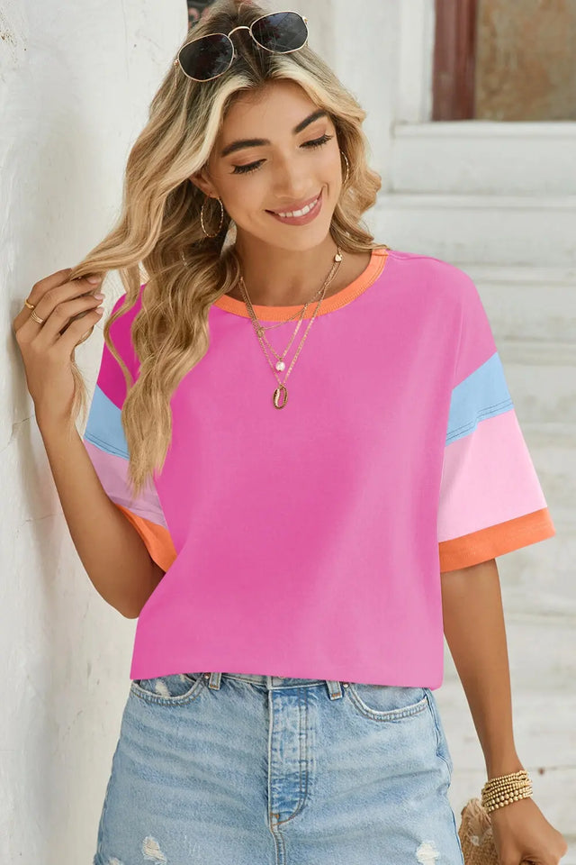 Lovelet Color Block Round Neck Half Sleeve T-Shirt Trendsi Hanalas