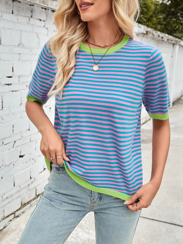 Lovelet Striped Contrast Round Neck Half Sleeve Knit Top Trendsi Hanalas