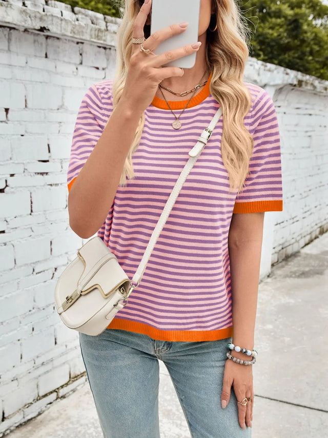 Lovelet Striped Contrast Round Neck Half Sleeve Knit Top Trendsi Hanalas