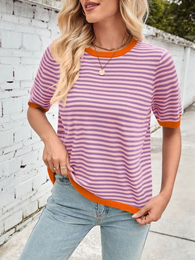 Lovelet Striped Contrast Round Neck Half Sleeve Knit Top Trendsi Hanalas